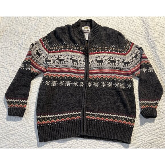 Tiara Cardigan Womens Large Gray Fair Isle Moose Full Zip Sweater Vintage - Picture 3 of 12